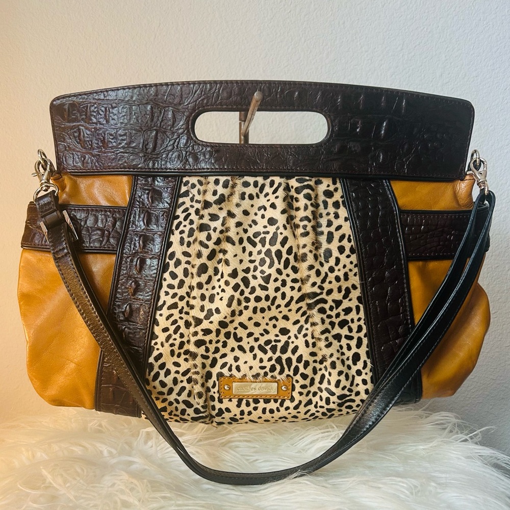 Charles David Leather Cheetah Brown Color Block Bag w/ Crossbody & Dust Bag